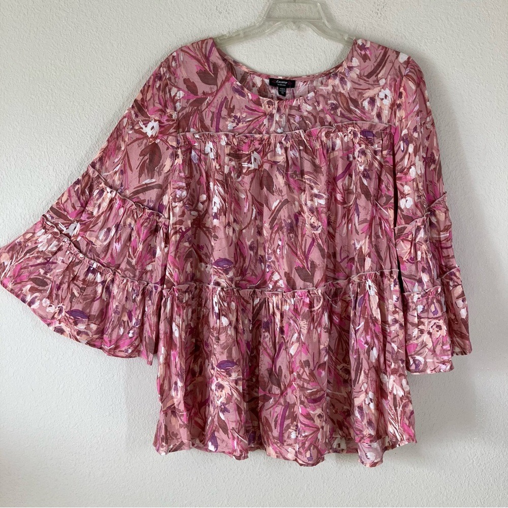 COCOMO Babydoll Tiered Blouse 2X Bell Sleeve Top NEW Pink Floral Boho Festival